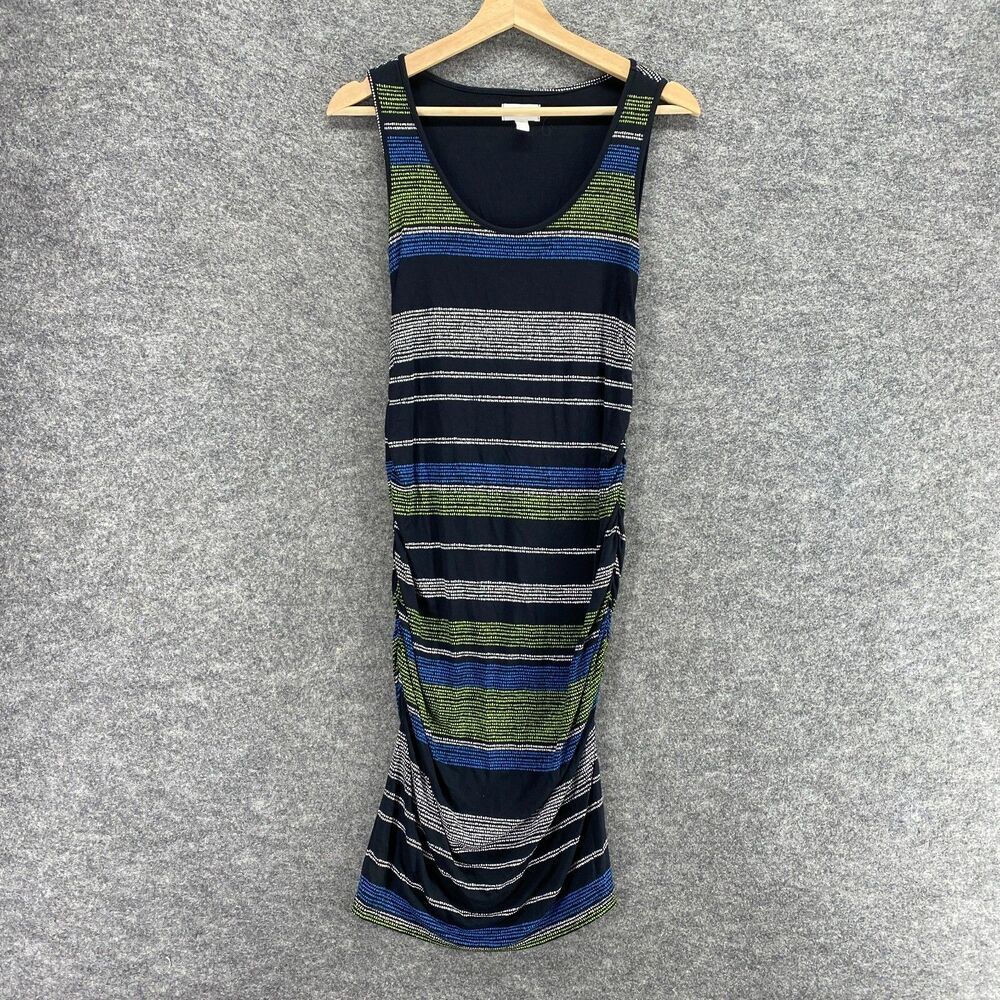 A:glow Dress Womens S Black Rayon Shift Striped Round Neck Sleeveless Gathered